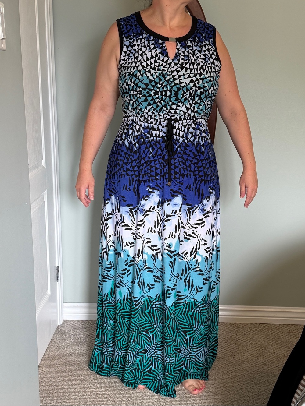 cleo Sleeveless Maxi Dress in Blue, Teal and White